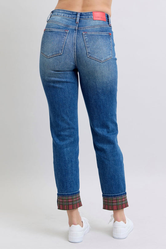 Trendsi Judy Blue Full Size Plaid Print Cuff Straight Leg Jeans with Pockets