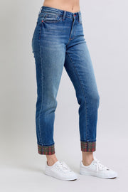 Trendsi Judy Blue Full Size Plaid Print Cuff Straight Leg Jeans with Pockets