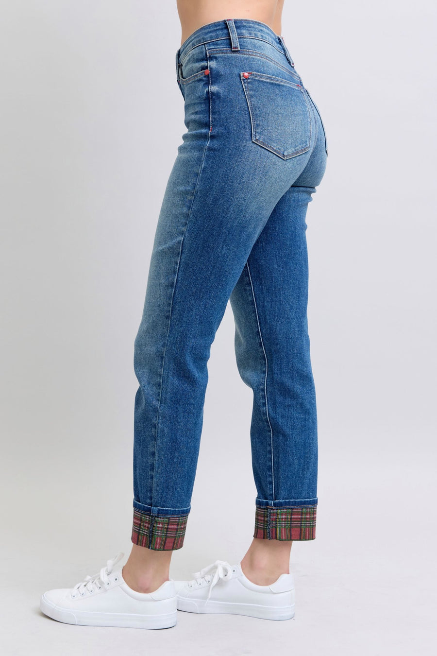 Trendsi Judy Blue Full Size Plaid Print Cuff Straight Leg Jeans with Pockets