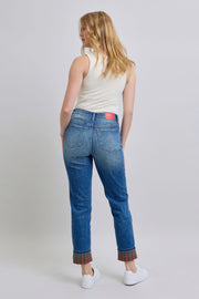 Trendsi Judy Blue Full Size Plaid Print Cuff Straight Leg Jeans with Pockets