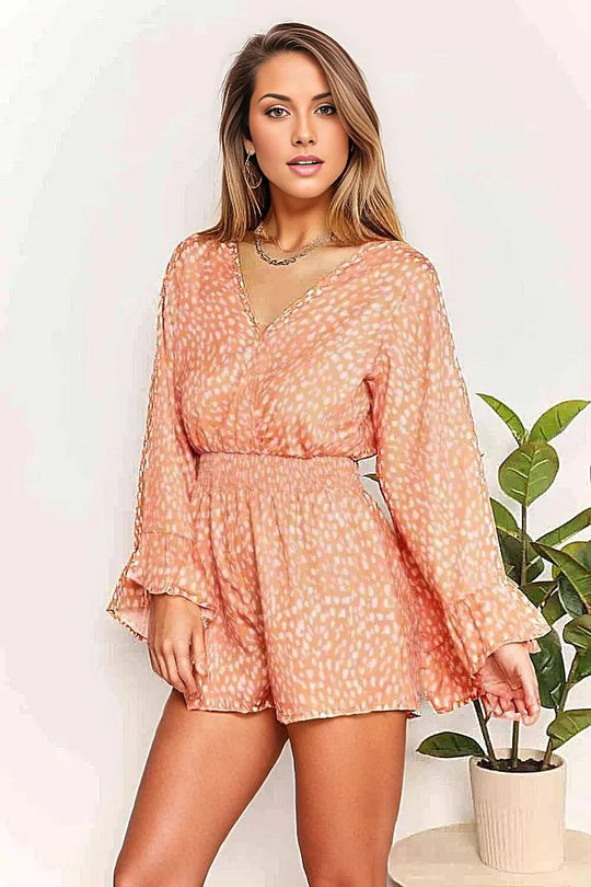 Double Take Printed Flare Sleeve Surplice Romper