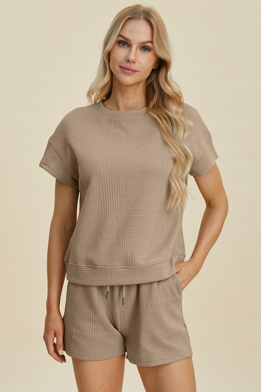 Trendsi Khaki / S Double Take Full Size Texture Short Sleeve Top and Shorts Set