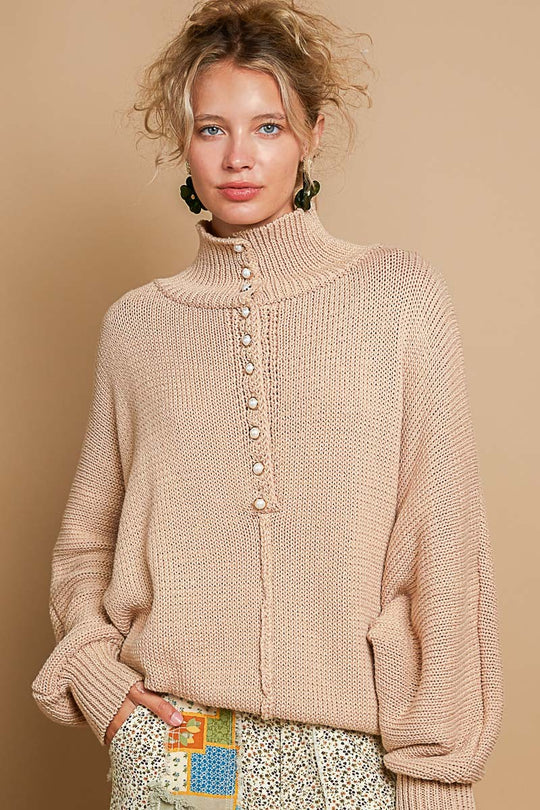 Trendsi Latte / S POL Pearl Detail Turtleneck Long Sleeve Sweater