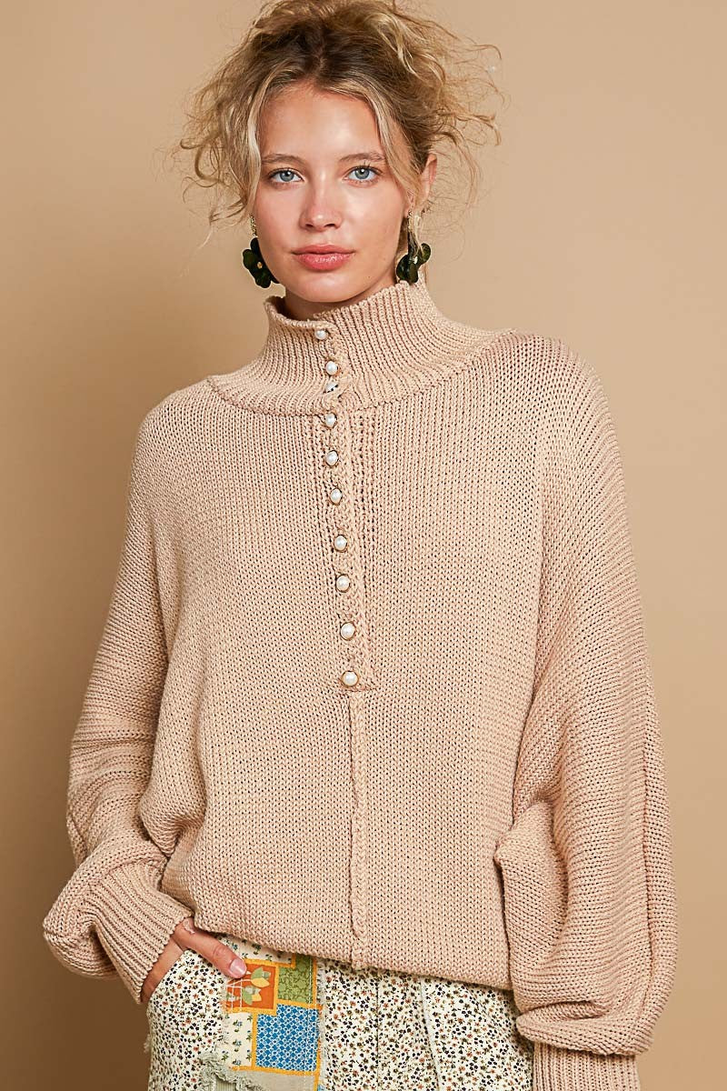 Trendsi Latte / S POL Pearl Detail Turtleneck Long Sleeve Sweater