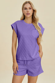 Trendsi Lavender / S Double Take Full Size Pocketed Texture Round Neck Top and Shorts Set