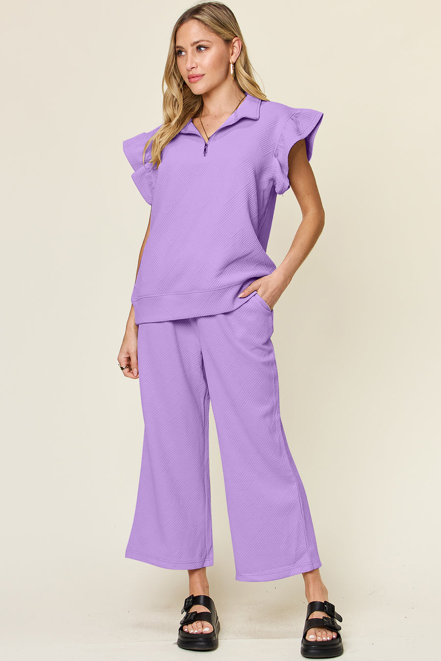 Trendsi Outfit Sets Lavender / S Double Take Texture Ruffle Short Sleeve Top and Drawstring Wide Leg Pants Set