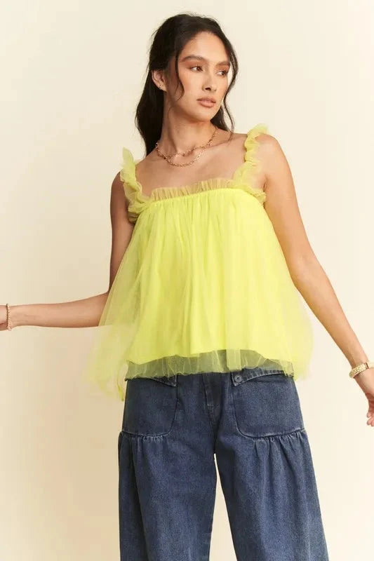 Trendsi Lemon / S Davi & Dani Shirred Ruffle Strap Tulle Babydoll Top