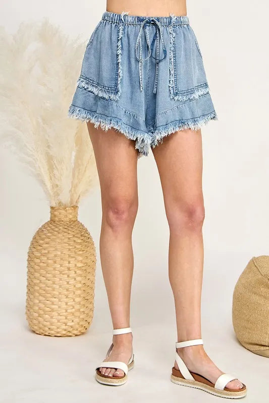Trendsi LIGHT DENIM / S SAGE+FIG Frayed Drawstring Denim Shorts