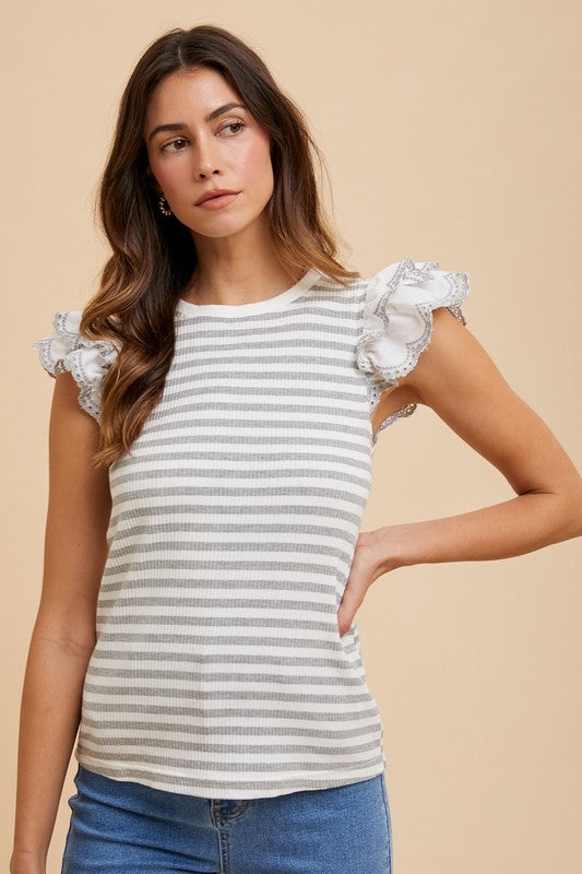 Trendsi Light Gray / S Annie Wear Ruffled Striped Round Neck Cap Sleeve Knit Top