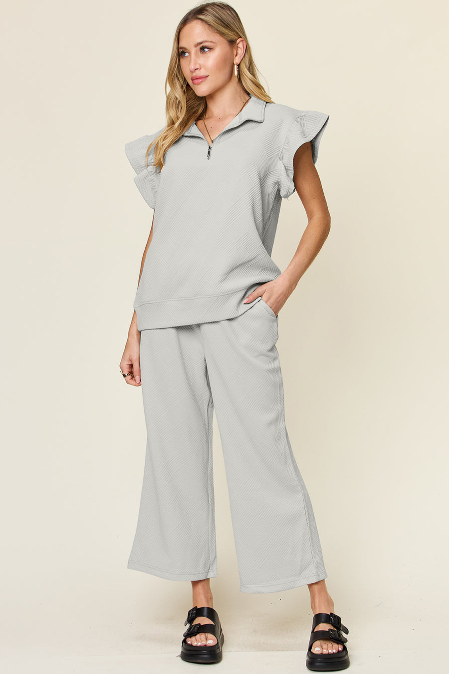 Trendsi Outfit Sets Light Gray / S Double Take Texture Ruffle Short Sleeve Top and Drawstring Wide Leg Pants Set