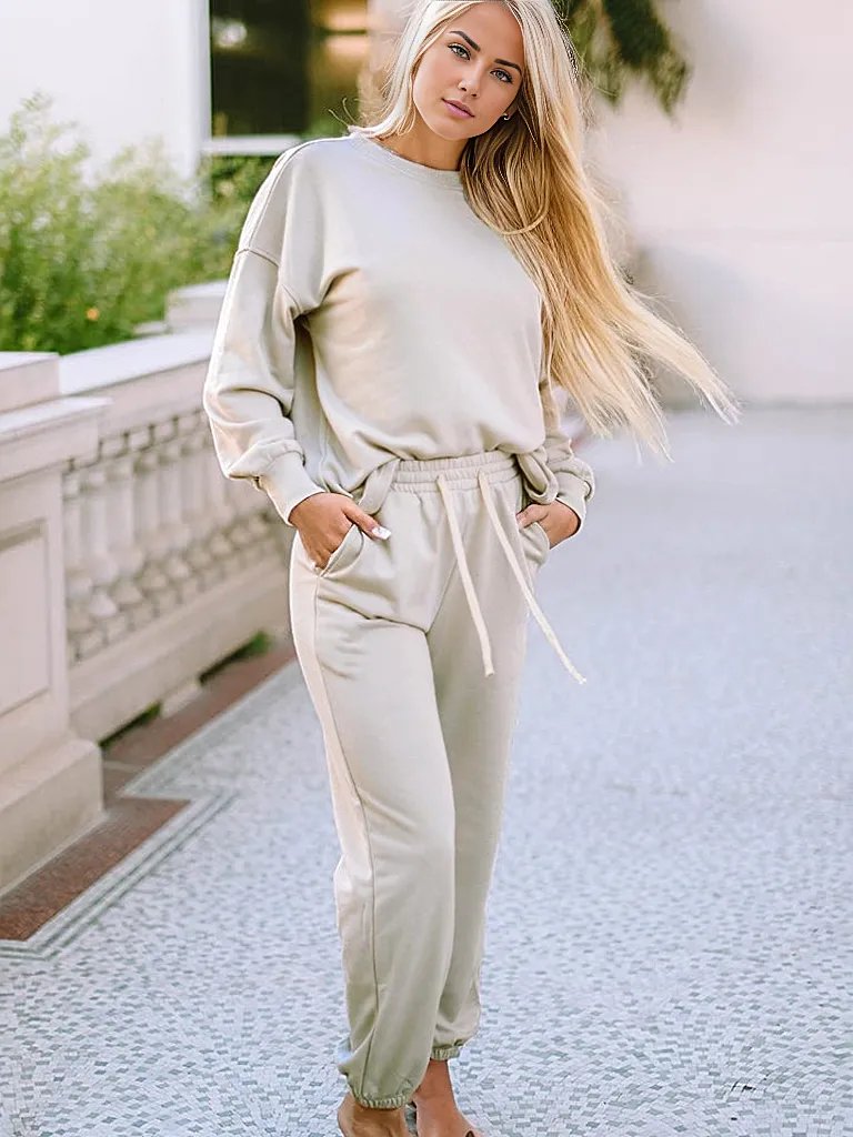 Trendsi Outfit Sets Light Gray / S PRE-ORDER Round Neck Dropped Shoulder Top and Pants Lounge Set