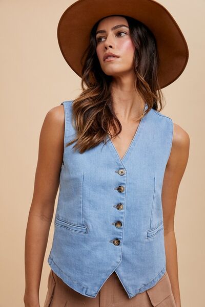 Trendsi Light / S Annie Wear Button Down V-Neck Denim Vest