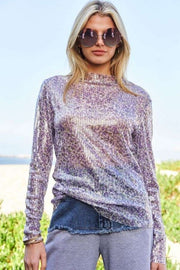 Trendsi Lilac / S Davi & Dani Sequin Mock Neck Long Sleeve Mesh Top