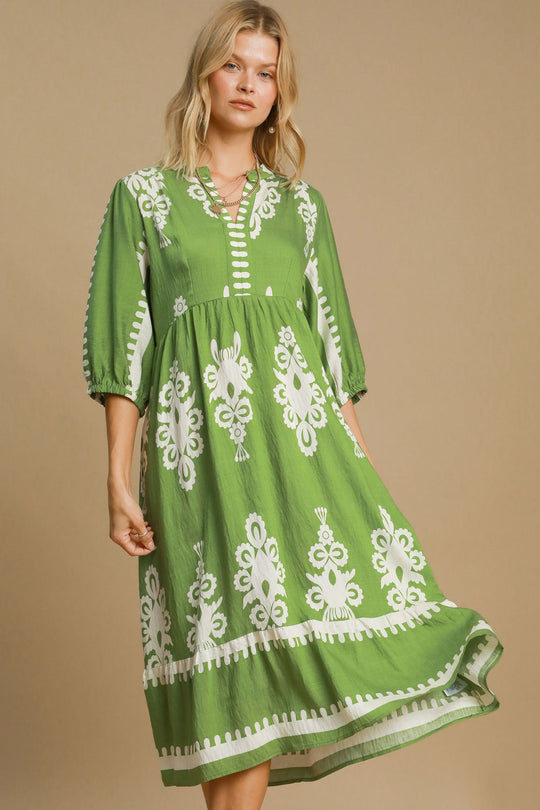 Trendsi Lime / S Umgee Printed Notched Midi Dress