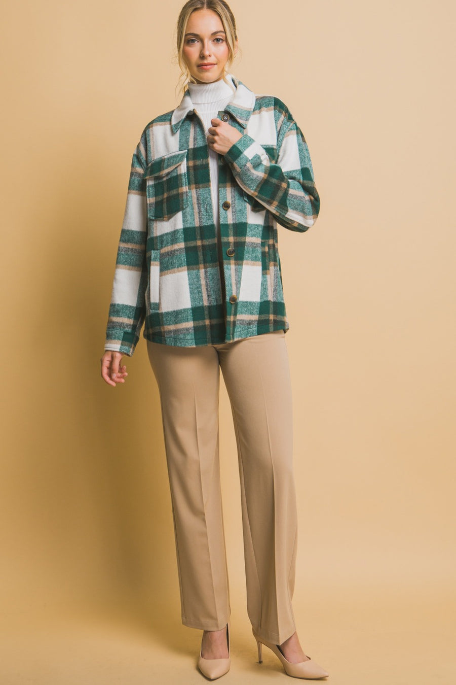 Trendsi Love Tree Plaid Button Up Shacket