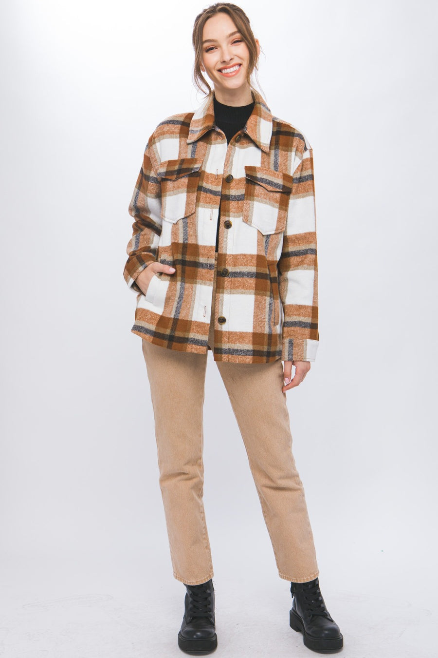 Trendsi Love Tree Plaid Button Up Shacket