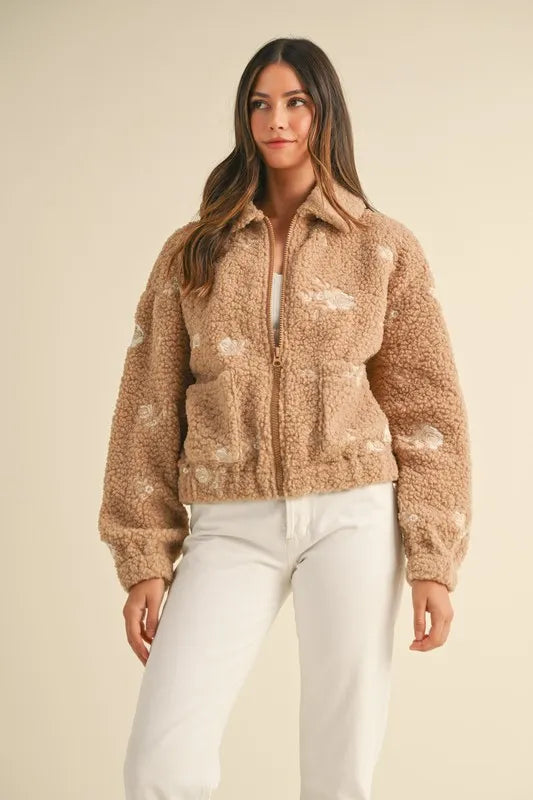 Trendsi LT MOCHA / S MABLE Floral Embroidered Fleece Teddy Jacket
