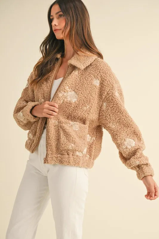 Trendsi MABLE Floral Embroidered Fleece Teddy Jacket