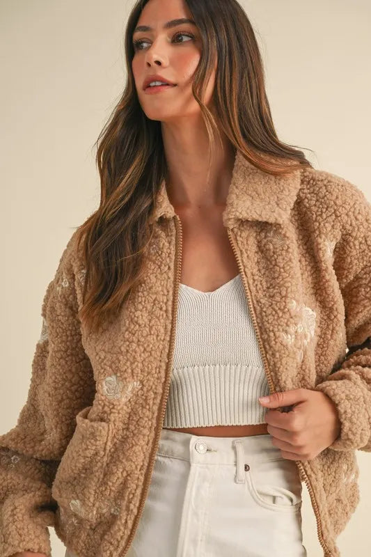 Trendsi MABLE Floral Embroidered Fleece Teddy Jacket