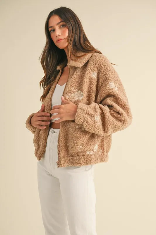 Trendsi MABLE Floral Embroidered Fleece Teddy Jacket
