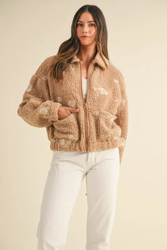 Trendsi MABLE Floral Embroidered Fleece Teddy Jacket