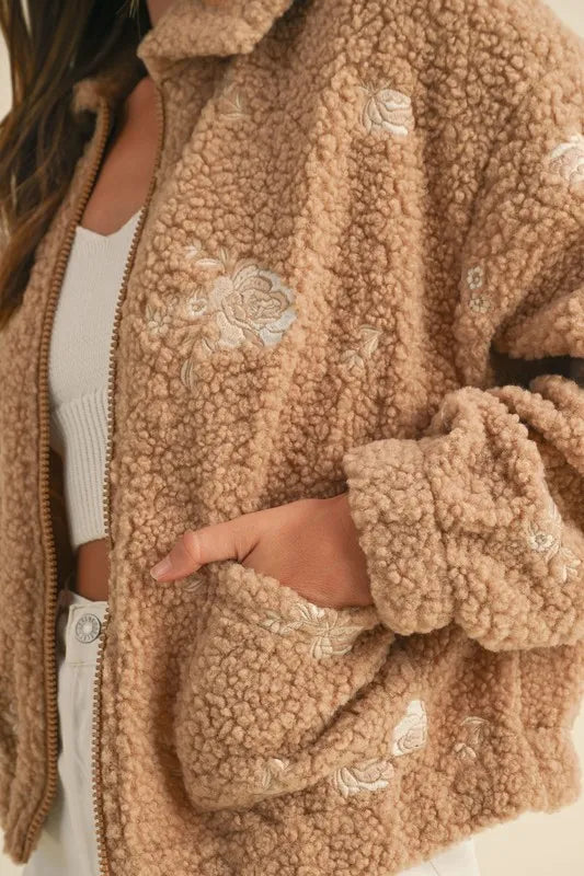 Trendsi MABLE Floral Embroidered Fleece Teddy Jacket