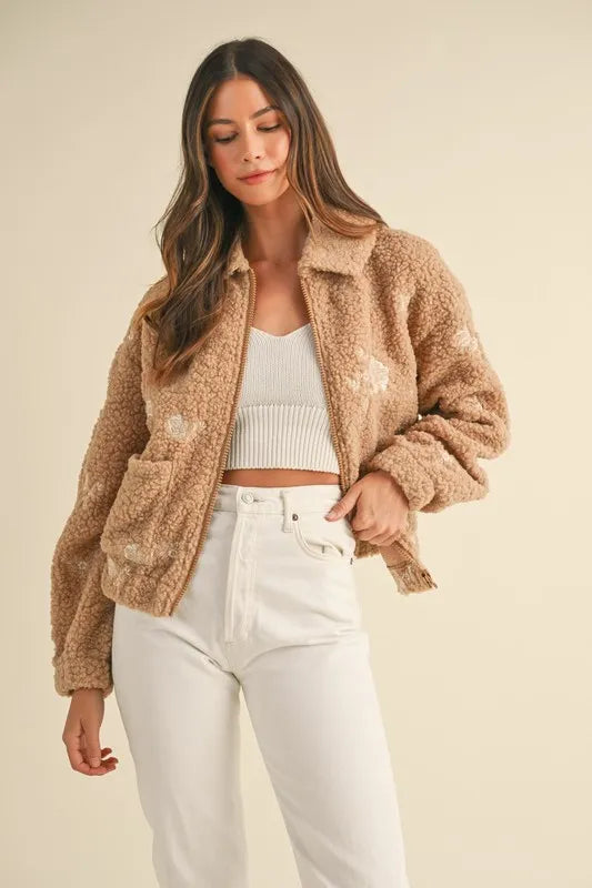 Trendsi MABLE Floral Embroidered Fleece Teddy Jacket