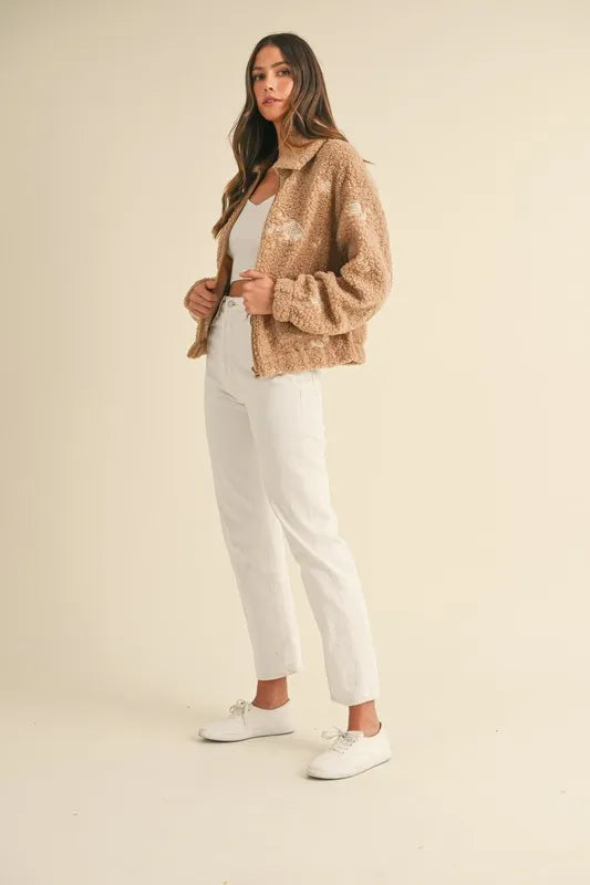 Trendsi MABLE Floral Embroidered Fleece Teddy Jacket