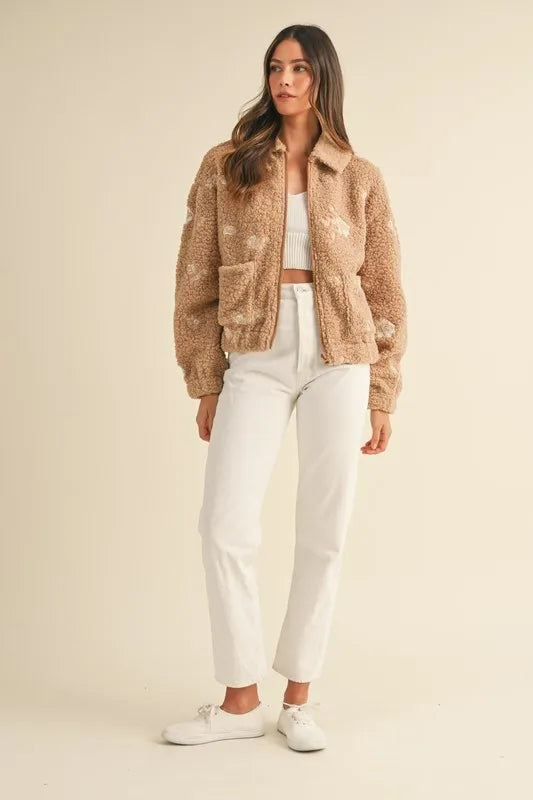 Trendsi MABLE Floral Embroidered Fleece Teddy Jacket