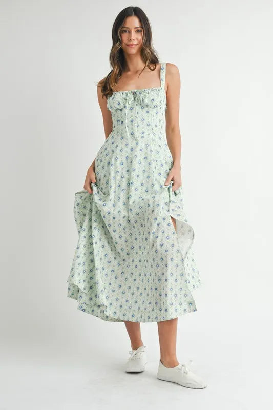 Trendsi MABLE Floral Print Bustier Back Lace Up Midi Dress
