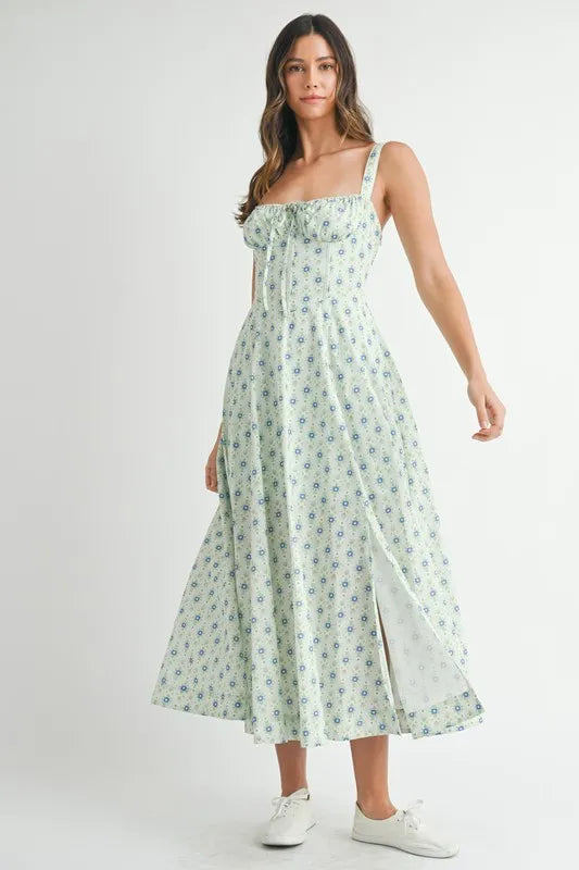 Trendsi MABLE Floral Print Bustier Back Lace Up Midi Dress
