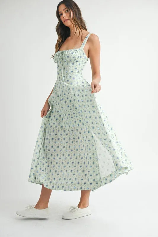 Trendsi MABLE Floral Print Bustier Back Lace Up Midi Dress