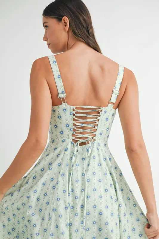Trendsi MABLE Floral Print Bustier Back Lace Up Midi Dress