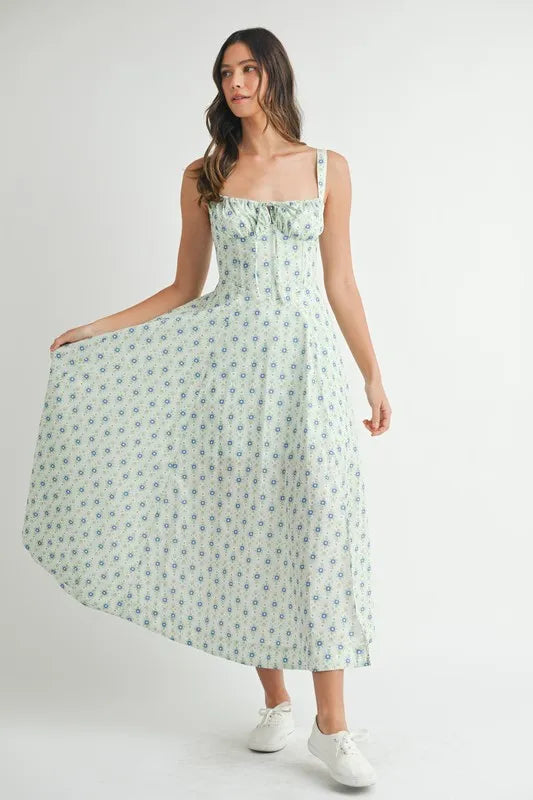 Trendsi MABLE Floral Print Bustier Back Lace Up Midi Dress