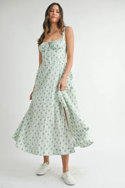 Trendsi MABLE Floral Print Bustier Back Lace Up Midi Dress