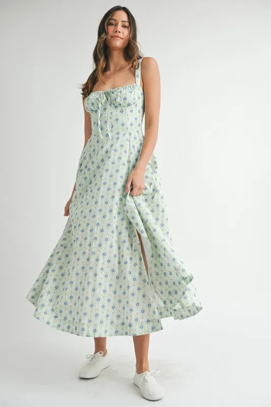 Trendsi MABLE Floral Print Bustier Back Lace Up Midi Dress