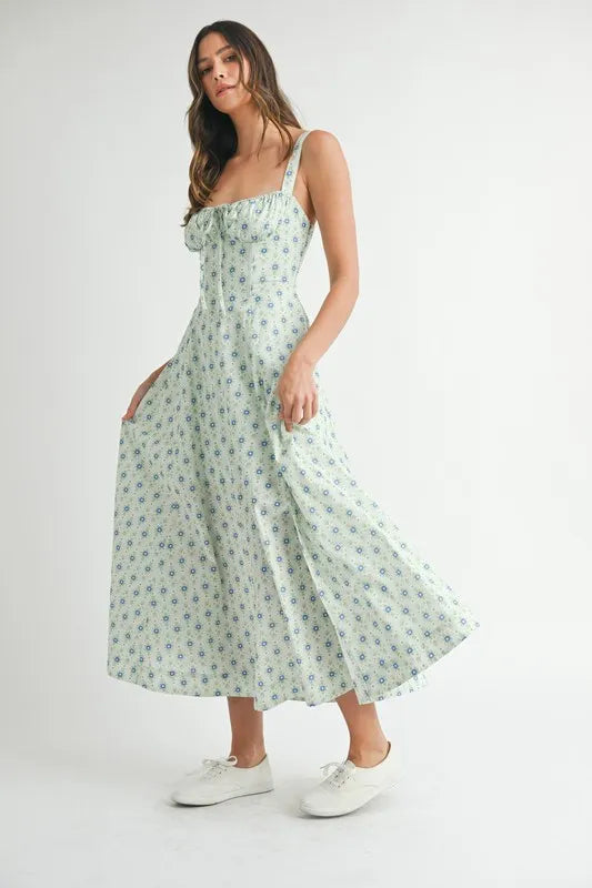 Trendsi MABLE Floral Print Bustier Back Lace Up Midi Dress