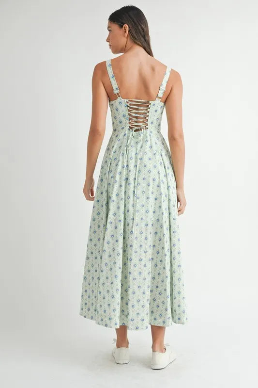 Trendsi MABLE Floral Print Bustier Back Lace Up Midi Dress