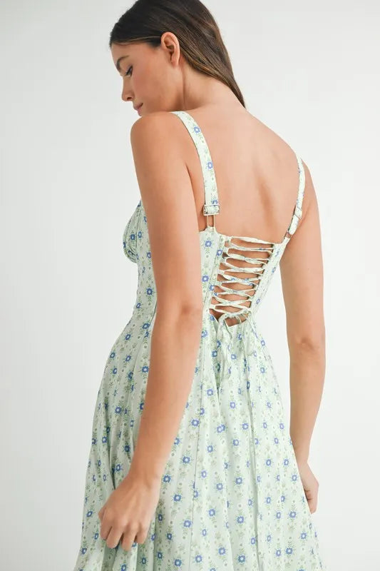 Trendsi MABLE Floral Print Bustier Back Lace Up Midi Dress