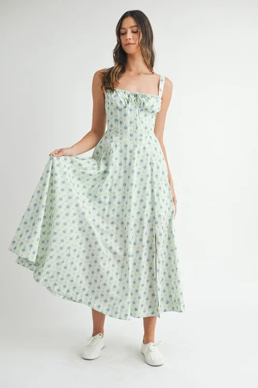 Trendsi MABLE Floral Print Bustier Back Lace Up Midi Dress