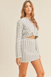 Trendsi MABLE Houndstooth Cropped Knit Cardigan and Mini Skirt Set