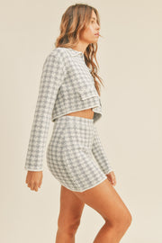 Trendsi MABLE Houndstooth Cropped Knit Cardigan and Mini Skirt Set