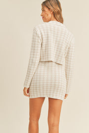 Trendsi MABLE Houndstooth Cropped Knit Cardigan and Mini Skirt Set