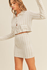 Trendsi MABLE Houndstooth Cropped Knit Cardigan and Mini Skirt Set