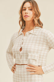 Trendsi MABLE Houndstooth Cropped Knit Cardigan and Mini Skirt Set