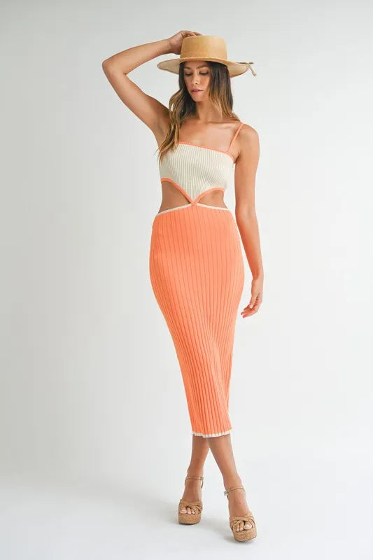Trendsi MABLE Ribbed Knit Color Block Cutout Midi Dress
