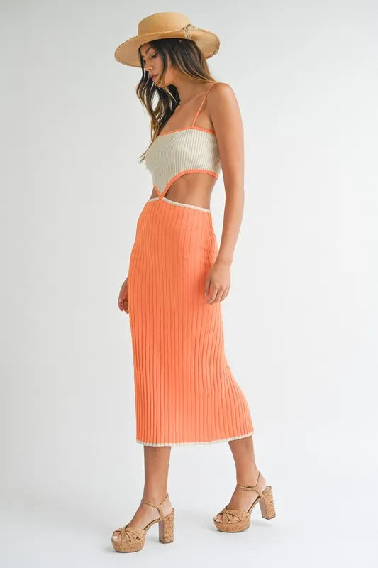 Trendsi MABLE Ribbed Knit Color Block Cutout Midi Dress