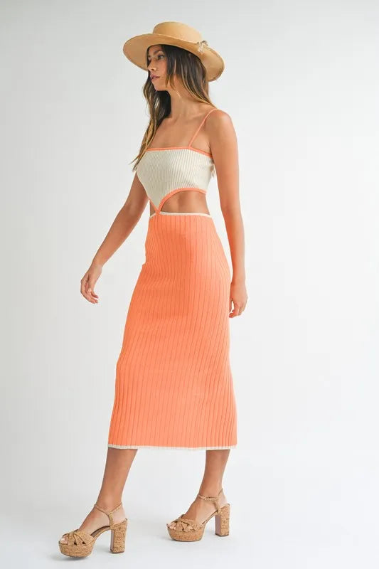 Trendsi MABLE Ribbed Knit Color Block Cutout Midi Dress