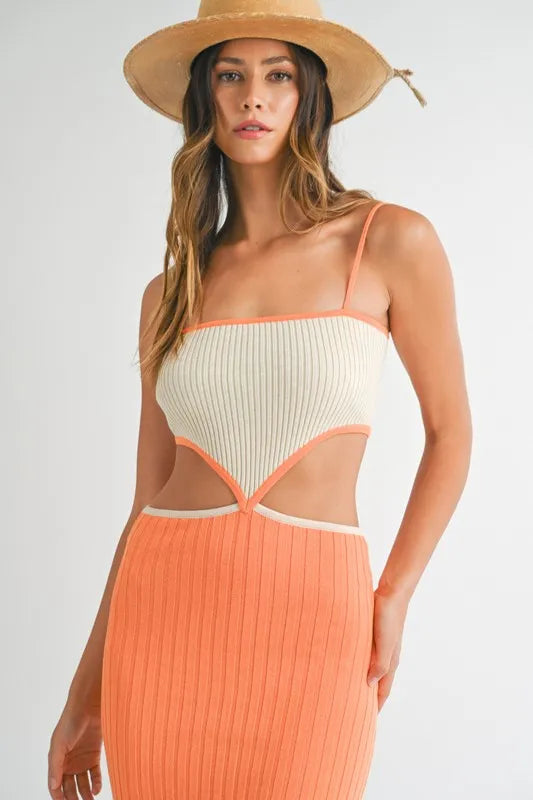 Trendsi MABLE Ribbed Knit Color Block Cutout Midi Dress