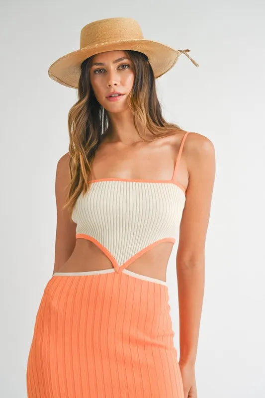 Trendsi MABLE Ribbed Knit Color Block Cutout Midi Dress